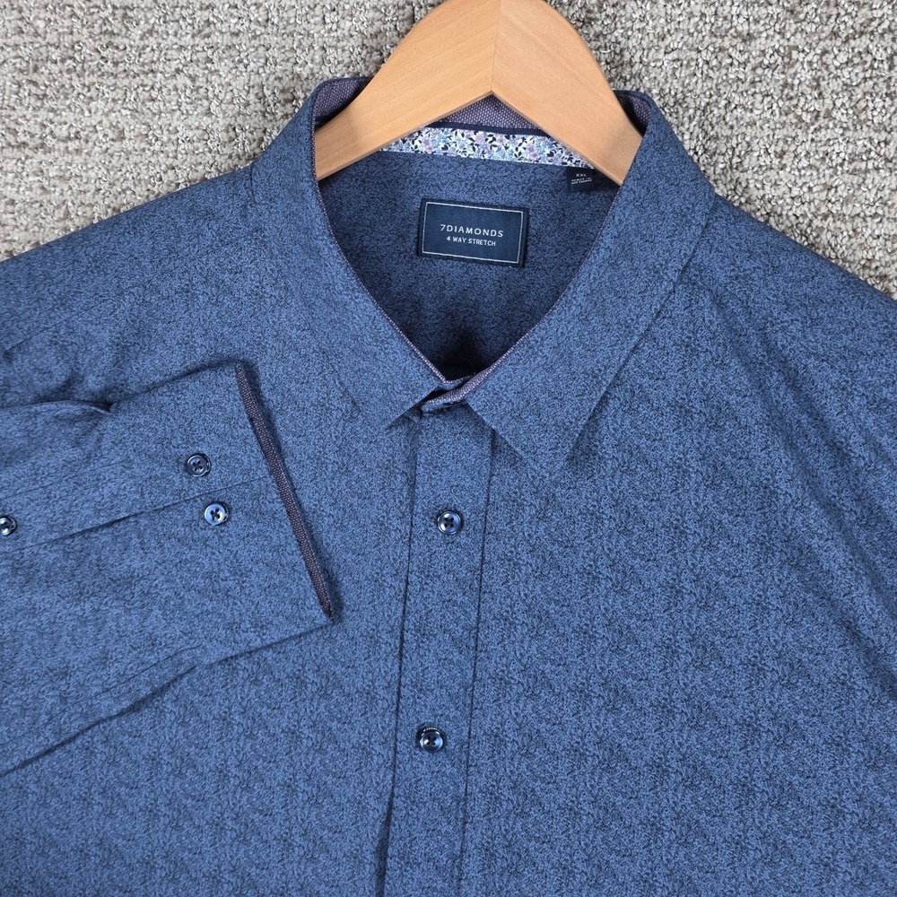 7 Diamonds Men XXL Blue 4 Way Stretch Long Sleeve Button Up Shirt Floral Trim